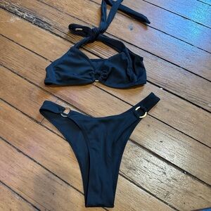 Black Two-Piece Bikini Set with Gold Ring Accents